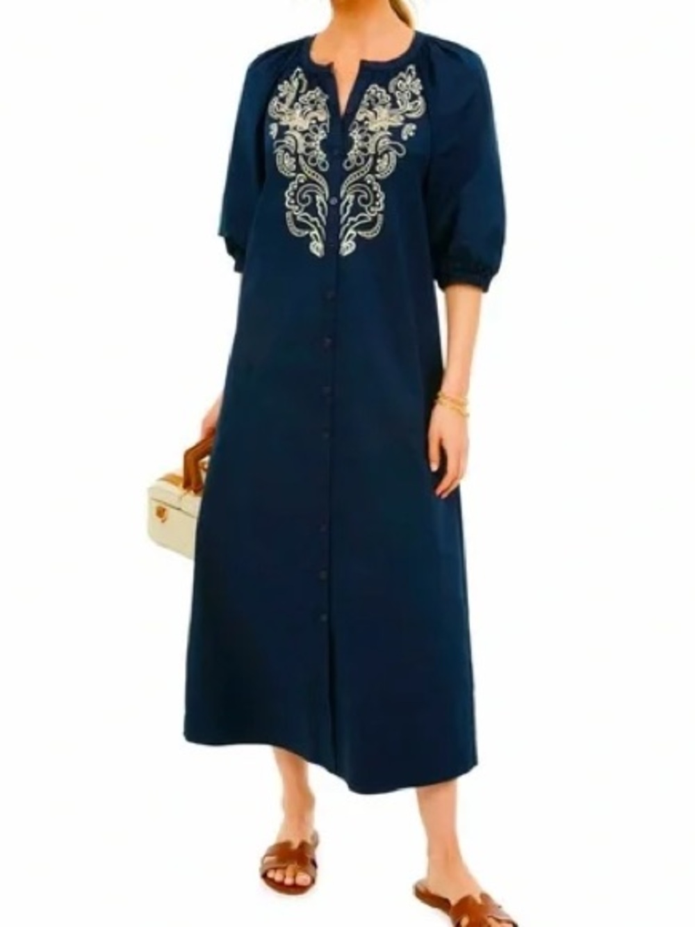 Tuckernuck NWT Etta Dress Navy Blue Embroidered Midi Dress Size XS Cotton Poplin